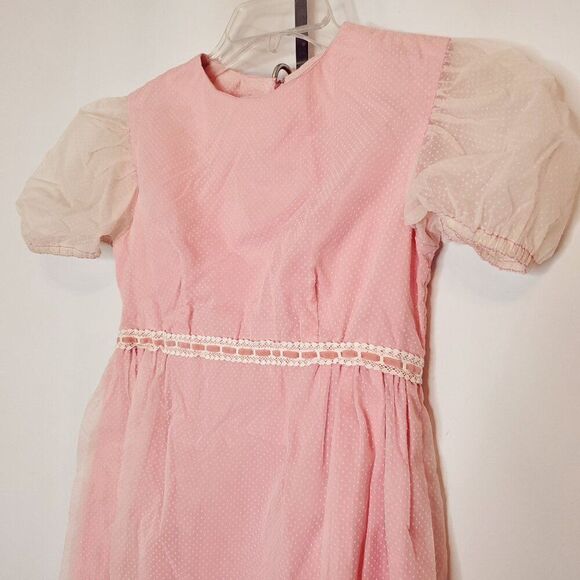 Vintage Girls Dress M Handmade Sheer Flocked Polka Dot Pink Nylon Short Sleeve - Picture 3 of 6